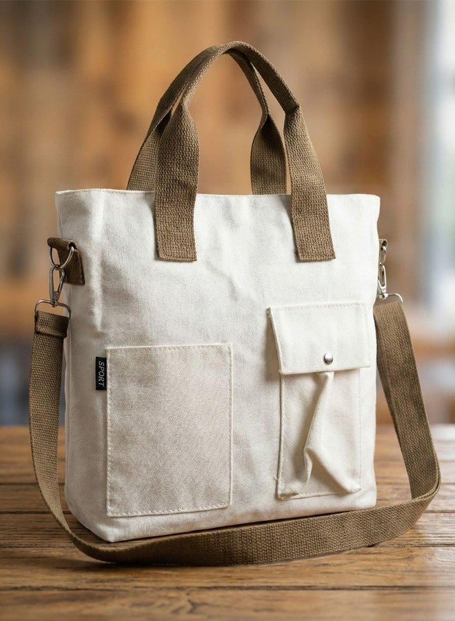 BROGBUS Canvas Tote Bag for Women Office Use, College Girls with Compartment, Cream - Image 4